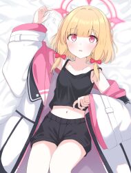 Rule 34 | 1girl, black camisole, black shorts, blonde hair, blue archive, blush, bow, breasts, camisole, clothes pull, coat, hair between eyes, hair bow, halo, highres, jacket, jacket pull, looking at viewer, lying, medium hair, midriff, momoi (blue archive), navel, off shoulder, on back, on bed, open clothes, open coat, open mouth, pink bow, pink eyes, pink halo, preste, short shorts, shorts, small breasts, solo, white coat, wide sleeves
