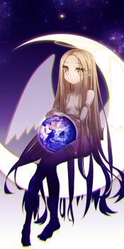 1girl angel_notes angel_wings blonde_hair breasts completely_nude crescent_moon earth_(planet) forehead full_body halo highres long_hair looking_at_viewer moon nude parted_bangs planet sitting small_breasts solo v/v wings yellow_eyes yubeshi_(zecxl)