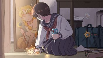 1girl bag blonde_hair blue_sailor_collar broken_mirror brown_hair commentary_request duffel_bag highres kneeling kojiro337 looking_at_reflection magical_girl mascot mask mirror mouth_mask on_floor original pencil_case pleated_skirt red_ribbon reflection ribbon sailor_collar school_uniform serafuku shirt skirt sparkle sticker table trash_can white_shirt