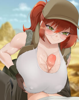 1boy 1girl absurdres baseball_cap blurry blurry_background blush breasts brown_hair cleavage clothed_paizuri commission commissioner_upload covered_erect_nipples day deepspace desert fingerless_gloves fio_germi glasses gloves green_eyes hat hetero highres huge_breasts in-universe_location looking_at_another marco_rossi metal_slug motion_lines naughty_face open_clothes open_vest outdoors paizuri paizuri_under_clothes pants penis ponytail pov pov_crotch shirt sidelocks sleeveless smile snk solo_focus speed_lines sweat sweatdrop tank_top uncensored vest white_shirt white_tank_top