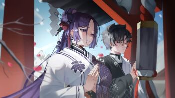 1boy 1girl absurdres black_hair blush breasts chaldea_logo command_spell couple fate/grand_order fate_(series) fujimaru_ritsuka_(male) hetero highres huge_breasts japanese_clothes jewelry kimono long_hair mature_female minamoto_no_raikou_(fate) outdoors praying purple_eyes purple_hair ring rope slob_slime torii very_long_hair
