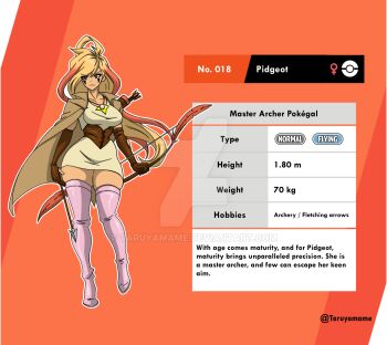 1girl ahoge archery_shooting_glove arrow_(projectile) artist_name blonde_hair boots bow bow_(weapon) brown_corset cape character_name character_profile collared_cape commentary corset deviantart_logo deviantart_username elbow_gloves english_commentary english_text facial_mark gen_1_pokemon gloves highres holding holding_arrow holding_bow_(weapon) holding_weapon huge_ahoge jewelry multicolored_hair necklace nintendo orange_background orange_hair partially_fingerless_gloves personification pidgeot pink_boots pokemon pokemon_sword_and_shield quiver skindentation solo taruyamame thigh_boots thighhighs tunic v-shaped_eyebrows weapon