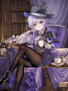 1girl ankle_boots armchair black_boots black_hair black_hat black_shorts blue_eyes blush book book_stack bookshelf boots bottle brown_pantyhose chair commentary crossed_legs cup drill_hair drill_sidelocks epaulettes female_detective_(silver_palace) flower_pot frown gloves hat head_rest high_heels highres holding holding_cup indoors long_hair long_sleeves looking_at_viewer pantyhose purple_hair purple_hat saint_laurent_paris saucer shirt shorts sidelocks silver_palace single_sidelock solo symbol-only_commentary table tablecloth teacup teapot two-sided_fabric two-sided_headwear very_long_hair white_gloves white_shirt wine_bottle