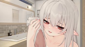 1girl a_simple_life_with_my_unobtrusive_sister animated animated_gif bathroom blush bow bow_panties character_request close-up collarbone fang faucet furrowed_brow grey_hair half-closed_eyes handjob handjob_over_clothes highres indoors long_hair looking_at_viewer looping_animation mirror naughty_face niliu_chahui nose_blush nude open_mouth original panties panties_on_penis parted_lips penis pink_nails pointy_ears pov red_eyes sink skin_fang smile soap_bottle uncensored underwear unworn_panties upper_body veins veiny_penis