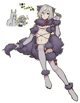 1girl 2boys animal_ears bags_under_eyes black_eyes blonde_hair claw_pose cosplay crossdressing crossdressing_(mtf) dungeon_meshi elf fate/grand_order fate_(series) fleki fur-trimmed_gloves fur-trimmed_thighhighs fur_bikini fur_collar fur_trim gloves grey_hair halloween_costume highres laughing looking_at_viewer lycion mash_kyrielight mash_kyrielight_(cosplay) mash_kyrielight_(dangerous_beast) mash_kyrielight_(dangerous_beast)_(cosplay) mithrun multiple_boys norinorirandom notched_ear open_mouth pointy_ears purple_tail short_hair simple_background thighhighs uneven_eyes wavy_hair werewolf white_background wolf_ears