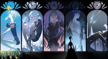 1girl 404-chan_(22_0724) 5others absurdres age_progression androgynous aqua_eyes aqua_hair backlighting black_necktie black_shirt black_shorts blue_hair closed_mouth colored_skin commentary_request creature crystal_hair flower gem_uniform_(houseki_no_kuni) golden_arms halo highres houseki_no_kuni knees_to_chest kongou's_brother_(houseki_no_kuni) lineup long_hair looking_at_viewer looking_to_the_side multiple_others necktie other_focus phosphophyllite phosphophyllite_(10000) phosphophyllite_(ll) progression puffy_short_sleeves puffy_sleeves shiro_(houseki_no_kuni) shirt shooting_star short_hair short_sleeves shorts spoilers twitter_username ventricosus white_skin yellow_flower