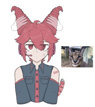 1girl ahoge animal_ears black_shirt black_sleeves breast_pocket cat_ears collared_shirt commentary creature_and_personification cropped_arms cropped_torso detached_sleeves disembodied_hand dot_nose drill_hair fake_animal_ears hair_between_eyes hair_ears hair_over_one_eye hair_up headphones headset highres jitome kasane_teto kasane_teto_(utau) lod_(lodddd) looking_at_viewer lynx microphone number_tattoo personification photo-referenced photo_inset pocket red_eyes red_hair red_trim reference_inset shirt shoulder_tattoo simple_background sleeveless sleeveless_shirt solo solo_focus straight-on sweatdrop tattoo twin_drills utau white_background