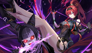 1girl absurdres bare_legs bare_shoulders black_bodysuit black_cloak black_footwear black_gloves black_hair black_hairband bodysuit breast_curtains breasts bright_pupils circle_facial_mark cloak commentary earrings elbow_gloves flower_hairpin gloves hair_between_eyes hair_intakes hair_ornament hairband hairpin high_heels high_ponytail highres holding_lightning_bolt humugo jewelry large_breasts looking_at_viewer mechanical_hands pangu_terminal_(wuthering_waves) pointy_ears ponytail purple_eyes red_eyes red_hair single_mechanical_hand smile solo tacet_mark_(wuthering_waves) tassel teeth underboob white_pupils wuthering_waves yinlin_(wuthering_waves) zapstring_(wuthering_waves)