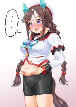 ... 1girl animal_ears belly beret bike_shorts black_hair blush braid breasts commentary_request hair_between_eyes hair_ornament hat highres hokko_tarumae_(umamusume) horse_ears horse_girl horse_tail low_twin_braids medium_breasts naka_ushiro navel nervous_sweating open_mouth plump purple_eyes simple_background solo sweat tail twin_braids umamusume white_background