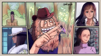 Rule 34 | 1boy, 1girl, ^ ^, aged down, black hair, blue eyes, blunt bangs, braid, capelet, closed eyes, coat, commentary, cowboy hat, fur-trimmed coat, fur capelet, fur trim, giant, hair slicked back, hat, heart, highres, jaguar d. saul, long hair, looking at another, mf 0520, nico robin, one piece, orange hair, profile, round teeth, scar, scar on face, smile, tears, teeth, turtleneck, twitter username, white coat