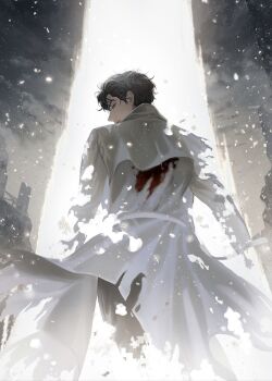 1boy black_hair blackbox_(blackbox9158) blood blood_on_clothes blood_stain coat cowboy_shot disintegration highres kim_dokja light_particles looking_at_viewer looking_back male_focus official_art omniscient_reader's_viewpoint open_clothes open_coat popped_collar short_hair smile solo third-party_source torn_clothes torn_coat white_coat