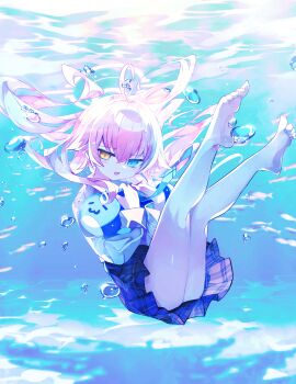 1girl :3 :d absurdres ahoge air_bubble bare_legs barefoot blue_archive blue_eyes blue_necktie blush bubble feet floating_hair full_body hair_between_eyes half-closed_eyes halo hand_up heterochromia highres holding holding_stuffed_toy hoshino_(blue_archive) hugging_object legs_up loli long_hair long_sleeves looking_at_viewer meto_(metrin) necktie ocean open_mouth pink_hair pink_halo plaid_clothes plaid_skirt pleated_skirt school_of_fish school_uniform shirt skirt sleeve_cuffs smile soles solo stuffed_toy thighs toes underwater very_long_hair whale_plush white_shirt yellow_eyes