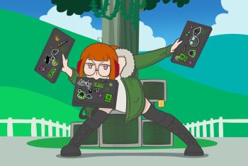 1girl ahoge biohazard_symbol black_shoes boots computer full_body glasses green_jacket headphones heisenbird highres holding holding_laptop jacket laptop mouth_hold nintendo ok_sign orange_hair peace_symbol persona persona_5 pokemon pokemon_(anime) pokemon_sm_(anime) power_symbol sakura_futaba scene_reference shoes solo