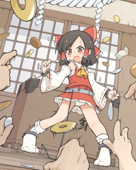 1girl 5boys absurdres angry ascot banknote black_hair blush bow box clenched_hands coin cuffs detached_sleeves donation_box hair_bow hair_tubes hakurei_reimu highres large_bow medium_hair money multiple_boys open_mouth panties red_bow red_skirt restrained rope sarashi shackles shimenawa shouji shrine sidelocks skirt sliding_doors socks solo_focus standing sweatdrop touhou turnip_kabura underwear white_panties white_socks yellow_ascot