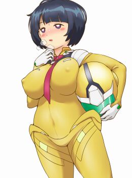1girl bob_cut bodysuit breasts gundam gundam_gquuuuuux helmet highres holding holding_unworn_helmet large_breasts mature_female mecha_pilot_suit no_sclera normal_suit_(gundam) shiiko_sugai simple_background solo tof unworn_headwear unworn_helmet white_background yellow_bodysuit