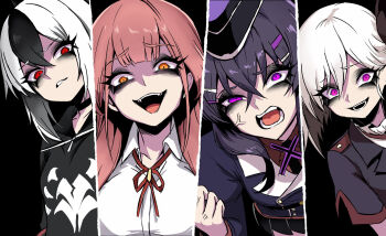 4girls aru_(blue_archive) black_hair blue_archive blush breasts demon_horns hair_between_eyes hair_ornament halo haruka_(blue_archive) highres horns kayoko_(blue_archive) long_hair multicolored_hair multiple_girls mutsuki_(blue_archive) nagai_negi open_mouth pink_hair problem_solver_68_(blue_archive) purple_eyes purple_hair red_eyes shirt smile white_hair