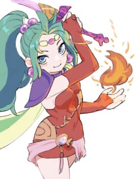 1girl arm_up armor blue_eyes breasts bridal_gauntlets cape circlet commentary cowboy_shot detached_sleeves dress earrings elbow_gloves final_fantasy final_fantasy_vi fire gan2 gem gloves green_cape green_hair hair_bobbles hair_ornament hand_up high_ponytail highres holding holding_sword holding_weapon jewelry long_hair looking_at_viewer magic pauldrons ponytail purple_gemstone pyrokinesis red_gloves sash short_dress shoulder_armor shoulder_pads smile solo sphere_earrings strapless strapless_dress sword tina_branford tube_dress waist_sash weapon