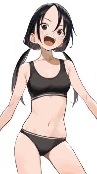 1girl absurdres black_hair black_sports_bra breasts brown_eyes cleavage collarbone commentary_request forehead highres long_hair looking_at_viewer low_twintails manemane_nichinichi medium_breasts nagisa_akane navel open_mouth simple_background solo sports_bra standing teeth thighs twintails upper_teeth_only white_background yamamoto_souichirou