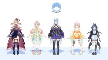 Rule 34 | 5girls, ahoge, animal ears, apron, ascot, bare shoulders, black boots, black dress, black horns, black thighhighs, blue eyes, blue hair, boots, breasts, brown hair, cleavage, collared shirt, commentary, dress, earphones, english commentary, flat chest, fold-over boots, frilled apron, frills, full body, grey hair, hair bun, hair over one eye, hamster ears, hamster girl, head wings, heart, heart ahoge, highres, hito'ri (maruhito), hito (maruhito), horns, large breasts, low wings, mismatched thighhighs, mole, mole under eye, multicolored hair, multiple girls, orange dress, orange hair, original, pink hair, red eyes, see-through cleavage, see-through clothes, shadow, shirt, short dress, short hair, shrug (clothing), simple background, single side bun, sleeveless, sleeveless dress, strapless, strapless dress, thigh boots, thighhighs, turtleneck, turtleneck shrug, two-tone hair, two side up, virtual youtuber, waist apron, white apron, white ascot, white background, white boots, white dress, white shrug, white thighhighs, wings