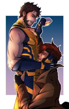 2boys arm_hair beard blue_gloves bodysuit bottle brown_hair coat commission deadpool_&amp;_wolverine deadpool_(series) dikoto drink facial_hair gambit gloves hand_on_another's_face highres holding holding_bottle licking long_sleeves male_focus marvel marvel multiple_boys muscular muscular_male pectorals pouring pouring_onto_self red_eyes superhero_costume teeth tongue tongue_out trench_coat wolverine_(x-men) x-men yaoi