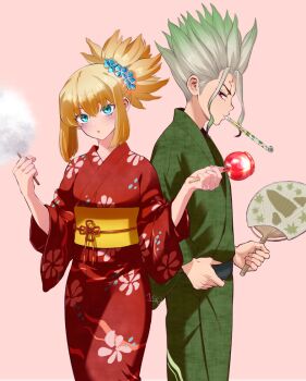 Rule 34 | 1boy, 1girl, alternate costume, blonde hair, blue eyes, blush, candy apple, commentary request, cotton candy, dr. stone, floral print, flower, food, gradient hair, green hair, green kimono, grey hair, hair ornament, hand fan, hetero, holding, implied hetero, ishigami senkuu, japanese clothes, kimono, kohaku (dr. stone), long hair, looking at viewer, multicolored hair, ninomae gin, obi, paper fan, pink background, ponytail, red eyes, red kimono, sash, siblings, sidelocks, simple background, spiked hair, two-tone hair, yukata