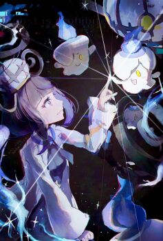 1girl anzu_(v0_0v_o0) black_dress black_hair blunt_bangs bob_cut breasts cande chandelier chandelure closed_mouth coat dress fire gen_5_pokemon gloves gradient_hair gwynn_(pokemon) hat highres litwick long_sleeves multicolored_hair nintendo open_clothes open_coat open_mouth partially_fingerless_gloves pokemon pokemon_(creature) pokemon_legends:_z-a purple_eyes purple_fire purple_hair short_hair smile sparkle white_coat yellow_eyes