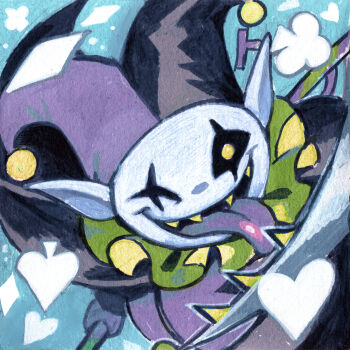 1other absurdres black_hat black_sclera blue_background club_(shape) colored_sclera colored_teeth deltarune drawloverlala hat heart highres holding holding_scythe jester jester_cap jevil looking_at_viewer open_mouth pointy_ears purple_hat scythe sharp_teeth spade_(shape) teeth tongue tongue_out traditional_media utdr_(toby_fox) yellow_eyes yellow_teeth