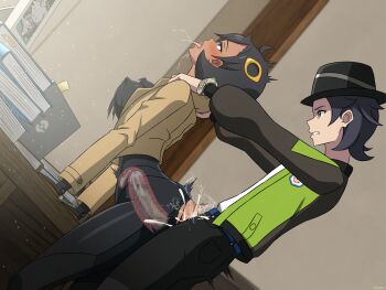 1boy 1girl ahegao black_bodysuit black_hair black_hat bodysuit book bouncing_breasts breasts brown_jacket censored clenched_teeth cum cum_overflow desk ejaculation emma_(pokemon) green_jacket hat hetero highres indoors internal_cumshot jacket large_breasts leaning_forward mosaic_censoring mysteryctu nintendo paxton_(pokemon) penis pokemon pokemon_legends:_z-a sex sex_from_behind short_hair standing standing_sex teeth tongue tongue_out torn_bodysuit torn_clothes vaginal x-ray