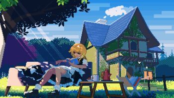 2girls animated animated_gif apo_(rairaru20001) apron black_dress black_shoes blonde_hair blue_sky book braid brown_eyes bug butterfly chimney cloud couch cup day dress flying grass hakurei_reimu hat holding holding_book house insect kirisame_marisa light_rays long_hair looping_animation mug multiple_girls outdoors pixel_art plate scenery shoes short_sleeves sitting sky smoke socks solo_focus steam sunbeam sunlight teapot touhou tree unworn_hat unworn_headwear waist_apron white_socks witch_hat