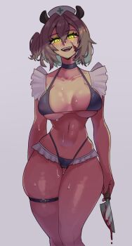 1girl absurdres animal_ears bikini black_bikini blood bloody_knife blush breasts brown_hair collarbone commentary frills glowing glowing_eyes gluteal_fold green_eyes grey_background hat highres holding holding_knife holding_weapon indie_virtual_youtuber knife konaloid large_breasts looking_at_viewer medium_hair navel nimi_nightmare nurse_cap one_side_up open_mouth simple_background smile solo stomach sweat swimsuit tapir_ears tapir_girl teeth thigh_strap thighs virtual_youtuber weapon white_hat