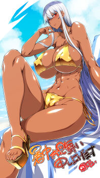 1girl abs absurdres armpit_crease beach bikini blue_sky blush breasts cameltoe cleavage closed_mouth cloud covered_erect_nipples dark-skinned_female dark_skin ebido eyelashes feet fingernails foot_out_of_frame from_below furrowed_brow gold_bikini gold_choker hair_between_eyes highres huge_breasts knee_up legs long_fingernails long_sidelocks looking_at_viewer looking_down looking_to_the_side nail_polish navel nose_blush outdoors pink_nails platform_footwear red_eyes selvaria_bles senjou_no_valkyria senjou_no_valkyria_(series) senjou_no_valkyria_1 shiny_skin shochuumimai sidelocks sitting sky small_head solo straight_hair string sweatdrop swimsuit thighs toenail_polish toenails toes toned toned_female towel translation_request underboob very_long_sidelocks white_hair
