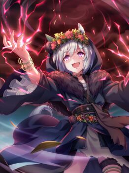 1girl absurdres artist_request asymmetrical_skirt black_choker blue_coat blue_sky bracelet choker cloud cloudy_sky coat cowboy_shot dot_nose electricity electrokinesis evil_smile fingernails floating_clothes floating_hair flower frilled_sleeves frills fur-trimmed_coat fur_trim game_cg glowing glowing_eyes gold_bracelet gradient_sky grey_shirt grey_skirt hair_between_eyes head_wreath highres horse_girl horseshoe_ornament jewelry leaf long_sleeves looking_ahead loose_hair_strand miniskirt multiple_bracelets official_alternate_costume official_art open_mouth purple_eyes red_flower red_sky seiun_sky_(paint_the_sky_red)_(umamusume) seiun_sky_(umamusume) shaded_face shirt short_hair skirt sky smile solo standing thigh_strap thighlet torn_clothes torn_skirt umamusume white_hair wide_sleeves wind yellow_flower