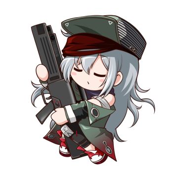 1girl assault_rifle chibi closed_eyes commentary commentary_typo double-parted_bangs full_body g11_(girls&#039;_frontline) girls&#039;_frontline green_hat green_jacket grey_hair gun h&amp;k_g11 hair_between_eyes hat holding holding_gun holding_weapon jacket jiwon_(sj1) knee_pads long_hair off_shoulder open_clothes open_jacket red_shoes rifle shoes sidelocks simple_background sleeping solo very_long_hair weapon white_background