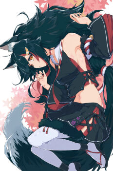 animal_ear_fluff animal_ears armpits bare_shoulders black_hair black_skirt breasts choker commentary_request detached_sleeves floral_print from_behind hair_ornament highres hololive japanese_clothes kyol-2 large_breasts long_hair long_sleeves looking_at_viewer midriff multicolored_hair navel ookami_mio ookami_mio_(1st_costume) red_choker red_hair rope shimenawa skirt tail tail_around_own_leg virtual_youtuber wide_sleeves wolf_ears wolf_girl wolf_tail yellow_eyes
