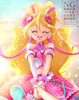 1girl ^_^ arm_warmers artist_name bare_shoulders blonde_hair bow-shaped_hair closed_eyes commentary_request cure_idol dated detached_sleeves earrings facing_viewer hair_ornament hanzou heart heart_earrings heart_hair_ornament highres holding_hands jewelry kimi_to_idol_precure long_hair open_mouth pink_wrist_cuffs pov pov_hands precure puffy_detached_sleeves puffy_sleeves single_arm_warmer smile watermark wrist_cuffs