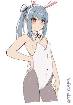 1girl absurdres animal_ear_hairband animal_ears bare_arms black_bow black_bowtie black_pantyhose black_ribbon blush bow bowtie breasts brown_eyes covered_navel cowboy_shot cropped_legs detached_collar fake_animal_ears grey_hair hair_bow hair_ribbon hairband hashtag-only_commentary highres kantai_collection kasumi_(kancolle) leotard long_hair looking_at_viewer one-hour_drawing_challenge open_mouth pantyhose playboy_bunny rabbit_ear_hairband rabbit_ears ribbon side_ponytail sidelocks simple_background small_breasts solo standing strapless strapless_leotard sweat tf_cafe twitter_username white_background white_hairband white_leotard
