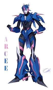 1girl absurdres arcee arcee_(prime) armor blue_eyes boots hand_on_own_hip helmet high_heels highres humanoid_robot lynxsisblack mechanical_skirt metal_skin pink_lips robot robot_girl science_fiction shoulder_armor simple_background solo transformers transformers_prime v-fin white_background