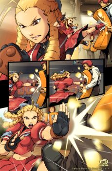 Rule 34 | 1990s (style), 1girl, 3boys, :o, ^^^, angry, ankle boots, antenna hair, back, bike shorts, blonde hair, blurry, boots, bow, bowtie, brown eyes, capcom, clenched hand, clenched teeth, close-up, closed eyes, comic, crop top, dated, depth of field, dress shirt, falling, fighting stance, fingerless gloves, gloves, glowing, hair bow, helmet, high kick, highres, indoors, kanzuki karin, kasugano sakura, kicking, kneepits, lipstick, long hair, looking down, makeup, midriff, motion lines, multiple boys, navel, necktie, omar dogan, open mouth, pants, photo (object), pleated skirt, profile, punching, punching bag, retro artstyle, ringlets, school uniform, serafuku, shirt, shoes, shorts, shorts under skirt, skirt, sky, speed lines, spread legs, standing, street fighter, street fighter zero (series), teeth, training, tree, turtleneck, udon entertainment, wooden floor, zipper