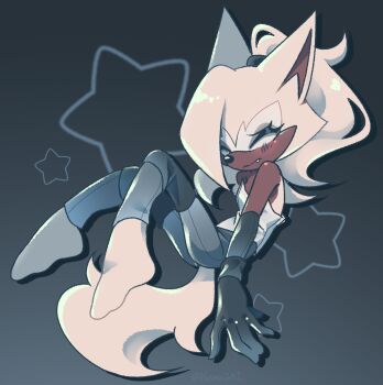 1girl animal_ears animal_nose artist_name bare_shoulders barefoot black_background black_gloves blonde_hair blue_background blue_eyes blue_pants blush body_fur breasts brown_fur closed_eyes closed_mouth colored_skin dreamysuite elbow_gloves eyeshadow fang flat_chest full_body furry furry_female gloves gradient_background grey_background grey_fur hair_over_one_eye hair_tie half-closed_eyes high_ponytail highres knees_together_feet_apart knees_up long_hair looking_at_viewer makeup multicolored_skin pants ponytail shirt simple_background sitting sleeveless sleeveless_shirt small_breasts snout socks solo sonic_(series) star_(symbol) strapless tail twitter_username two-tone_fur two-tone_skin whisper_the_wolf white_eyes white_fur white_hair wolf_ears wolf_girl wolf_tail