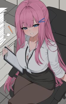 1girl absurdres alternate_costume black_skirt black_survival blue_eyes bow breasts brown_pantyhose button_gap chair charlotte_(black_survival) cleavage collared_shirt commentary dasi_(kwts3227) dress_shirt eternal_return:_black_survival grin hair_bow half_updo highres holding id_card large_breasts long_sleeves miniskirt office_chair office_lady pantyhose paper_stack pencil_skirt pink_hair shirt sitting skirt smile solo swivel_chair white_shirt