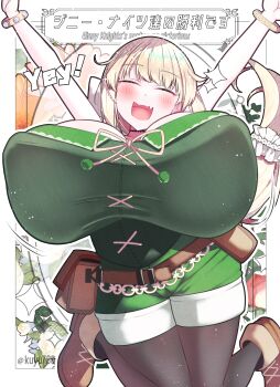 1girl belt black_thighhighs blonde_hair blush border bouncing_breasts breasts brown_shoes cleavage closed_eyes cosplay english_text female_focus gigantic_breasts green_shirt japanese_text jumping kuyu730 long_hair open_mouth original pocket saga saga_frontier_2 shiny_skin shirt shoes smile solo thighhighs virginia_knights virginia_knights_(cosplay) white_border