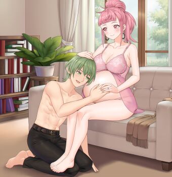 1boy 1girl armpits babydoll bare_arms bare_legs bare_shoulders barefoot belly belt black_belt black_pants bookshelf breasts cleavage collarbone commentary commission couch couple curtains earrings english_commentary fire_emblem fire_emblem:_three_houses fire_emblem_warriors:_three_hopes green_eyes green_hair hair_bun hand_on_another's_head hand_on_another's_stomach hetero highres hilda_valentine_goneril hoop_earrings husband_and_wife indoors jewelry kneeling large_breasts living_room male_byleth_(awakened)_(fire_emblem) male_byleth_(fire_emblem) nintendo official_alternate_hairstyle on_couch panties pants pink_babydoll pink_eyes pink_hair pink_panties plant ponytail potted_plant pregnant redkite333 ring shadow short_hair single_hair_bun sitting smile thighs toes topless_male underwear wedding_ring
