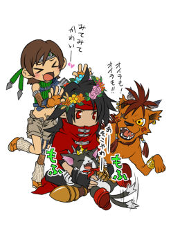 Rule 34 | > <, 1boy, 1girl, :d, animal, animal earrings, armor, beads, black gloves, black hair, black pants, black shirt, blush, boots, brown hair, cait sith (final fantasy), cape, cat, chest strap, chibi, chibi only, clawed gauntlets, cloak, closed eyes, commentary request, crop top, crown, fangs, feather hair ornament, feathers, final fantasy, final fantasy vii, fingerless gloves, full body, gloves, gold armor, gold boots, green headband, green shirt, grey shorts, hair beads, hair ornament, head wreath, headband, long hair, loose socks, midriff, mini crown, navel, open fly, open mouth, orange eyes, orange gloves, orange shoes, pants, pauldrons, red boots, red cape, red cloak, red eyes, red hair, red headband, red xiii, ribbed shirt, ribbed socks, scar, scar across eye, scar on face, sharp teeth, shirt, shoes, short hair, shorts, shoulder armor, single bare shoulder, single fishnet armwear, single fishnet legwear, single pauldron, sitting, sleeveless, sleeveless turtleneck, smile, socks, standing, standing on one leg, star klef, tail, tail wagging, teeth, turtleneck, tuxedo cat, vincent valentine, white background, xd, yuffie kisaragi