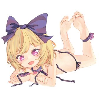 1girl ankle_ribbon ass barefoot bikini black_bikini black_bow blonde_hair blush bow butt_crack chaosexceed collar commentary commission elly_(tonari_no_kyuuketsuki-san) english_commentary feet full_body hair_bow heart_collar leg_ribbon looking_at_viewer lying mixed-language_commentary on_stomach open_mouth pixiv_commission purple_eyes ribbon short_hair side-tie_bikini_bottom simple_background smile soles solo swimsuit the_pose toes tonari_no_kyuuketsuki-san untied_bikini white_background