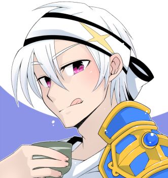 Rule 34 | 1boy, :q, armor, blue background, blush, commentary request, cup, hair between eyes, headband, holding, holding cup, iyofika, looking at viewer, male focus, official alternate costume, pauldrons, portrait, purple eyes, ragnarok online, shirt, short hair, shoulder armor, single pauldron, solo, sura (ragnarok online), tongue, tongue out, white background, white hair, white headband, white shirt