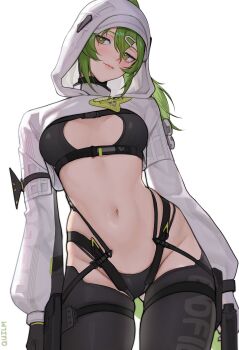 1girl absurdres arknights arknights:_endfield black_panties black_thighhighs breasts closed_mouth crop_top fluorite_(arknights) green_eyes green_hair grey_shrug gun hair_through_hood highres holding holding_gun holding_weapon hood hood_up hooded_shrug lizard_tail long_hair medium_breasts navel panties quilm revealing_clothes shrug_(clothing) simple_background solo stomach tail thighhighs underwear weapon white_background