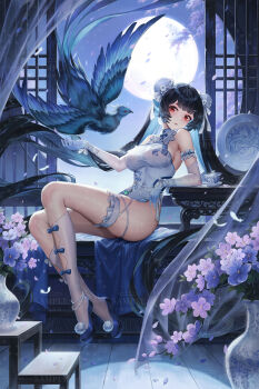 1girl anklet bird black_hair breasts bun_cover china_dress chinese_clothes commentary_request covered_navel double_bun dress elbow_gloves full_moon gloves hair_bun highres jewelry long_hair maoh_yueer moon night original parted_lips red_eyes sitting solo thigh_strap twintails vase white_gloves