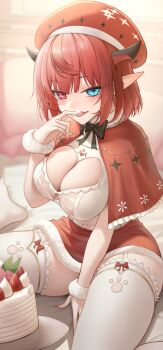 1girl absurdres beret blue_eyes blush bob_cut breasts cake capelet cleavage cleavage_cutout clothing_cutout commentary english_commentary english_text food food_on_hand fur-trimmed_skirt fur_trim garter_straps hat heart_cutout heterochromia highres hololive hololive_english horns irys_(hololive) large_breasts licking licking_finger looking_at_viewer miniskirt multicolored_hair paid_reward_available pointy_ears purple_eyes red_capelet red_hair red_hat red_skirt see-through_clothes see-through_shirt shirt shirt_tucked_in short_hair sitting skirt solo somebody_(leiking00) star-shaped_pupils star_(symbol) streaked_hair symbol-shaped_pupils thighhighs tongue tongue_out virtual_youtuber white_shirt white_thighhighs