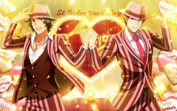 Rule 34 | 10s, 2boys, adjusting clothes, adjusting headwear, alternate costume, balloon, belt, brown hair, enjoji michiru, fist bump, formal clothes, green eyes, green hair, hat, heart, heart balloon, idolmaster, idolmaster side-m, jewelry, male focus, multiple boys, necklace, necktie, official art, pinstripe pattern, purple eyes, red necktie, shingen seiji, striped, suit, valentine