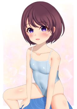 1girl ball blue_leotard breasts brown_hair cameltoe commentary_request covered_navel exercise_ball feet_out_of_frame highleg highleg_leotard leotard naruruka0805 original purple_eyes short_hair sitting small_breasts solo